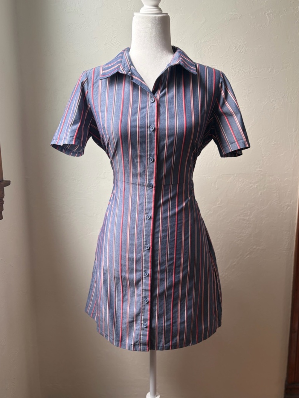 Maggy London Striped Tie Waist Shirt Dress Mini Navy Red Pink Size 4